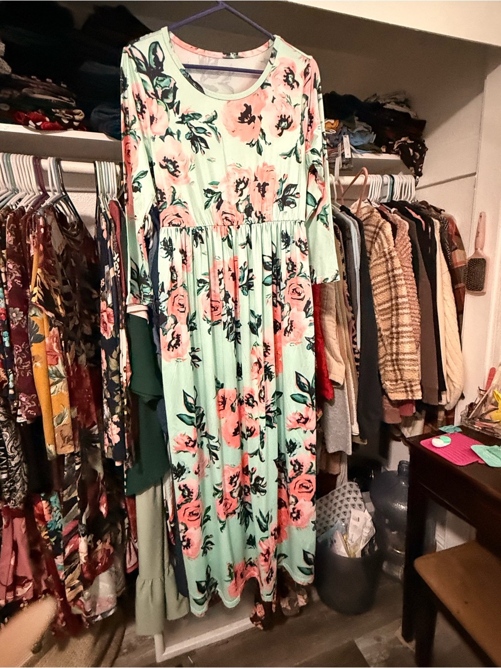 Floral Mint & Pink Long Sleeve Maxi Dress